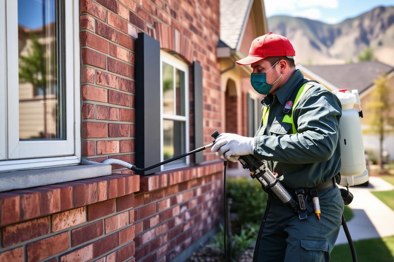 Overwatch Pest Control technician treating a home exterior in American Fork, Utah