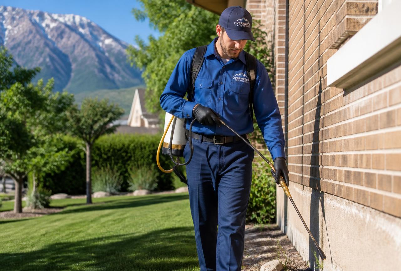 Overwatch Pest Control technician treating a home exterior in Provo, Utah